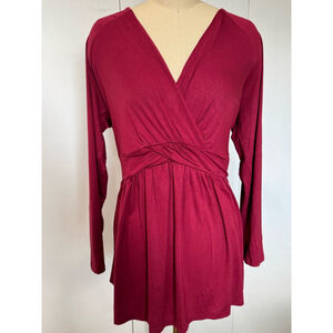 Women's surplice neck empire waist Tianzhu tunic Top Size 2XL Red Long Sleeve